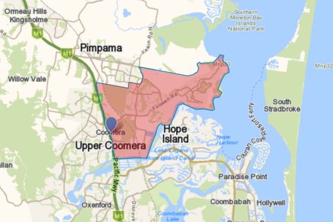 Suburb of Coomera highlighted on Gold Coast map