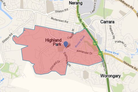 Suburb of Highland Park highlighted on Gold Coast map