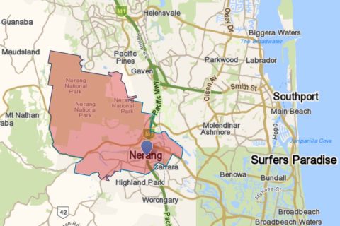 Suburb of Nerang highlighted on Gold Coast map