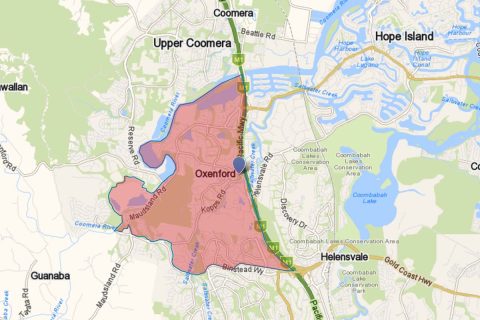 Suburb of Oxenford highlighted on Gold Coast map