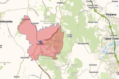 Suburb of Tamborine highlighted on Gold Coast map