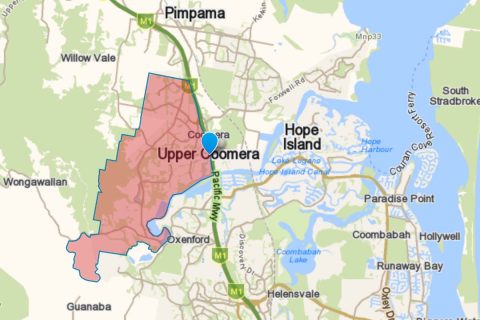 Suburb of Upper Coomera highlighted on Gold Coast map